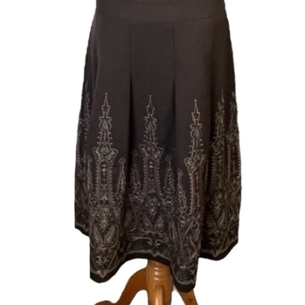 Ann Taylor LOFT Chocolate Brown Heavily Embroidered A-Line Boho Midi Skirt Sz 8